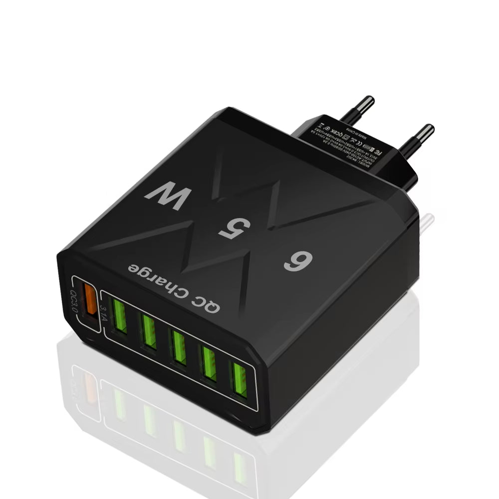 3.1A USB Fast Phone Charger Adapter 6 In1 Mulit Plug Travel Charger for Iphone 13 12 Samsung Xiaomi QC3.0 Quick Charger