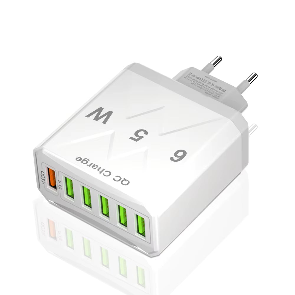 3.1A USB Fast Phone Charger Adapter 6 In1 Mulit Plug Travel Charger for Iphone 13 12 Samsung Xiaomi QC3.0 Quick Charger