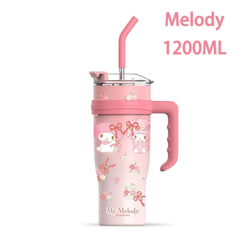 Hello Kitty 1200Ml Thermos Water Bottle with Straw Mug Kuromi Melody 304 Stainless Iced Coffee Cups Cinnamoroll Waterbottle Gift