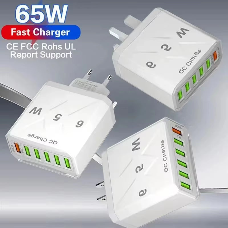3.1A USB Fast Phone Charger Adapter 6 In1 Mulit Plug Travel Charger for Iphone 13 12 Samsung Xiaomi QC3.0 Quick Charger