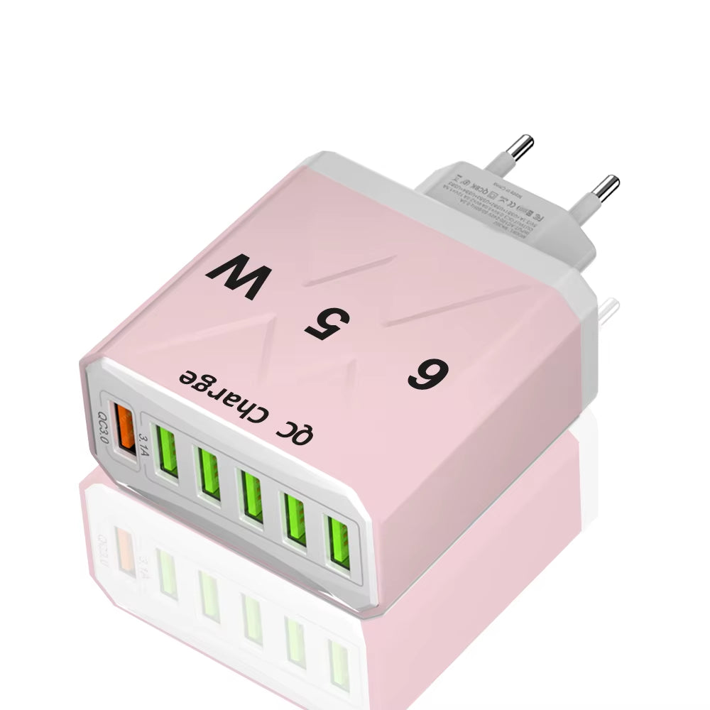 3.1A USB Fast Phone Charger Adapter 6 In1 Mulit Plug Travel Charger for Iphone 13 12 Samsung Xiaomi QC3.0 Quick Charger