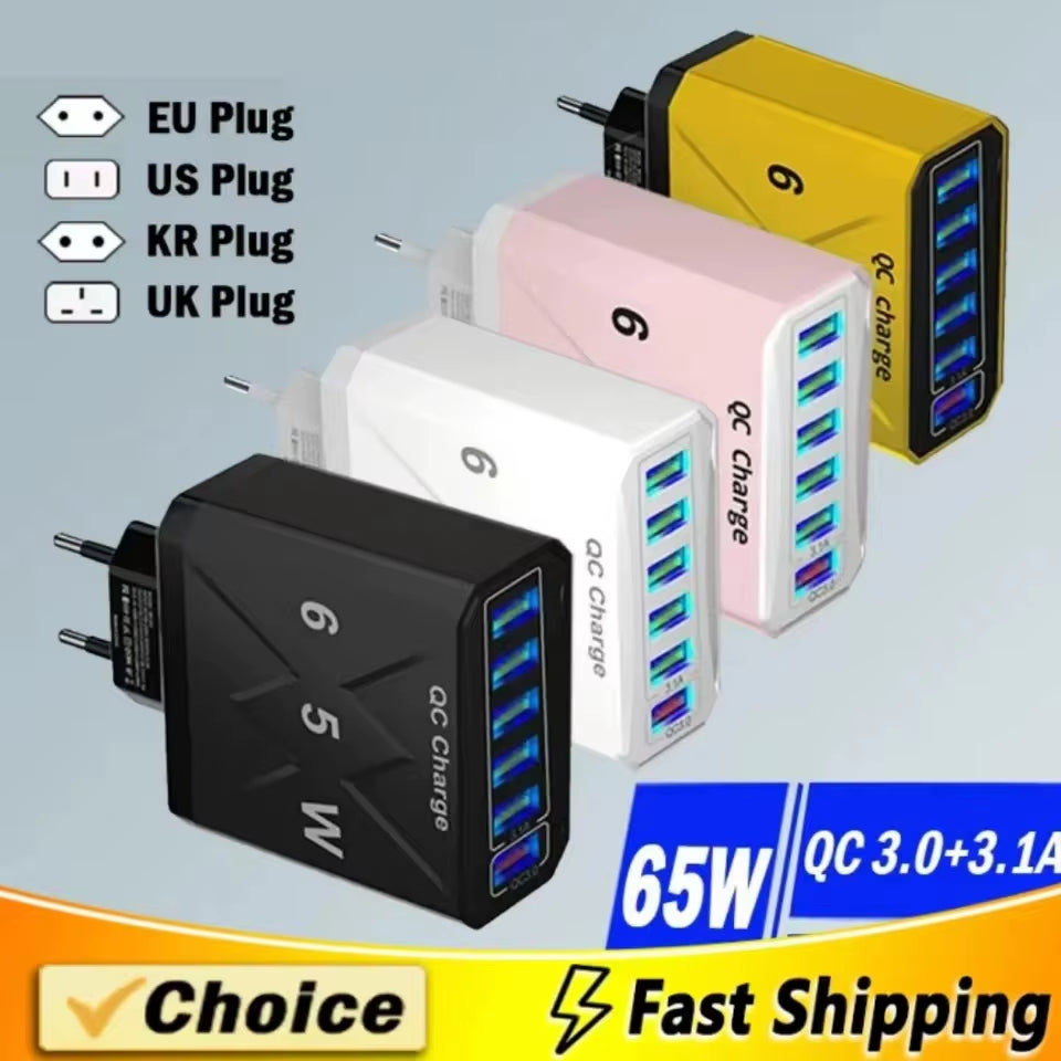 3.1A USB Fast Phone Charger Adapter 6 In1 Mulit Plug Travel Charger for Iphone 13 12 Samsung Xiaomi QC3.0 Quick Charger