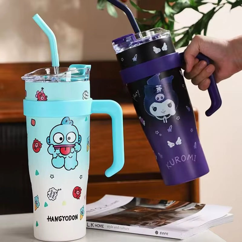 Hello Kitty 1200Ml Thermos Water Bottle with Straw Mug Kuromi Melody 304 Stainless Iced Coffee Cups Cinnamoroll Waterbottle Gift