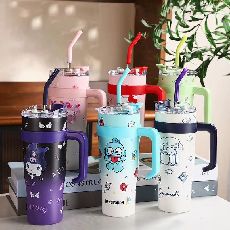 Hello Kitty 1200Ml Thermos Water Bottle with Straw Mug Kuromi Melody 304 Stainless Iced Coffee Cups Cinnamoroll Waterbottle Gift