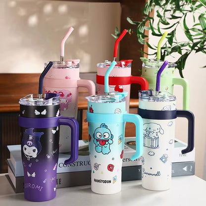 Hello Kitty 1200Ml Thermos Water Bottle with Straw Mug Kuromi Melody 304 Stainless Iced Coffee Cups Cinnamoroll Waterbottle Gift