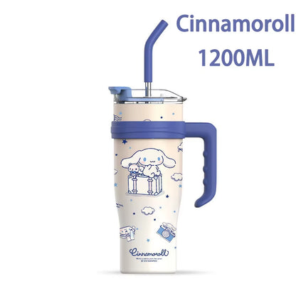 Hello Kitty 1200Ml Thermos Water Bottle with Straw Mug Kuromi Melody 304 Stainless Iced Coffee Cups Cinnamoroll Waterbottle Gift
