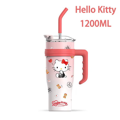 Hello Kitty 1200Ml Thermos Water Bottle with Straw Mug Kuromi Melody 304 Stainless Iced Coffee Cups Cinnamoroll Waterbottle Gift