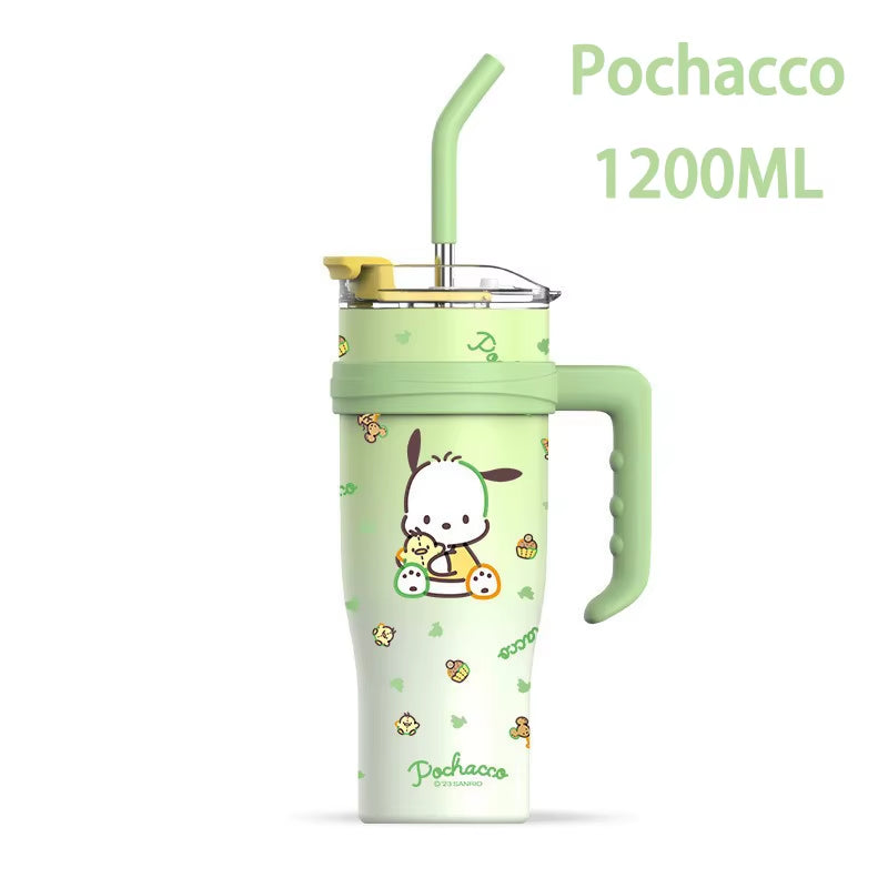 Hello Kitty 1200Ml Thermos Water Bottle with Straw Mug Kuromi Melody 304 Stainless Iced Coffee Cups Cinnamoroll Waterbottle Gift