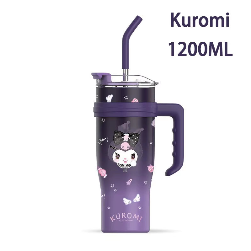 Hello Kitty 1200Ml Thermos Water Bottle with Straw Mug Kuromi Melody 304 Stainless Iced Coffee Cups Cinnamoroll Waterbottle Gift